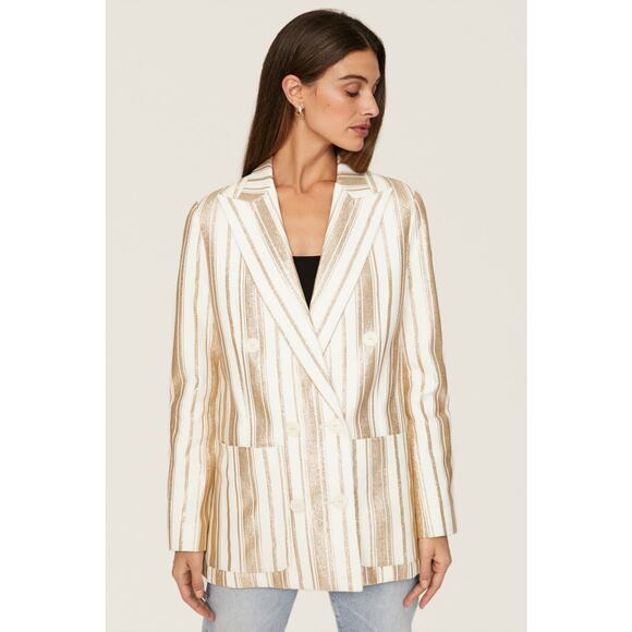 7 for All Mankind Shine Blazer Ivory Gold Stripe Button Front Double Breast Sz L - Picture 1 of 16
